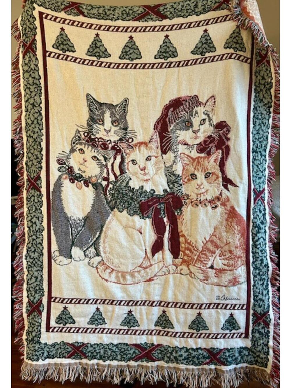Vintage Cat Christmas Tapestry Throw with Fringe